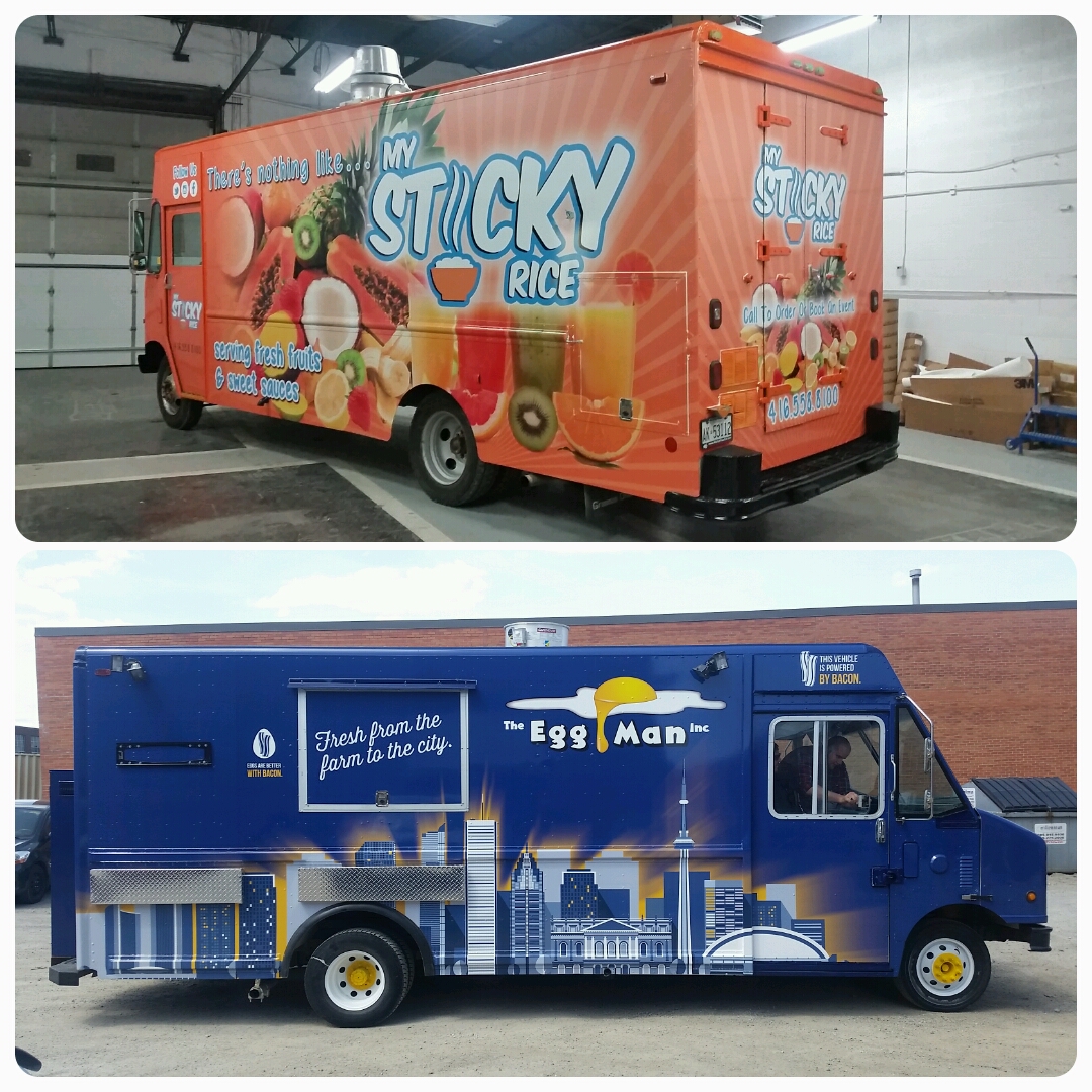 Colourful full vehicle wraps on Sticky Rice and Egg Man food trucks