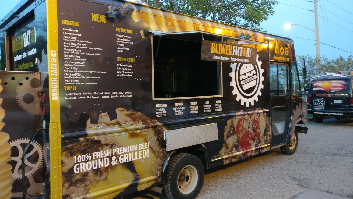 Burger Factory food truck with custom menu graphics and branding