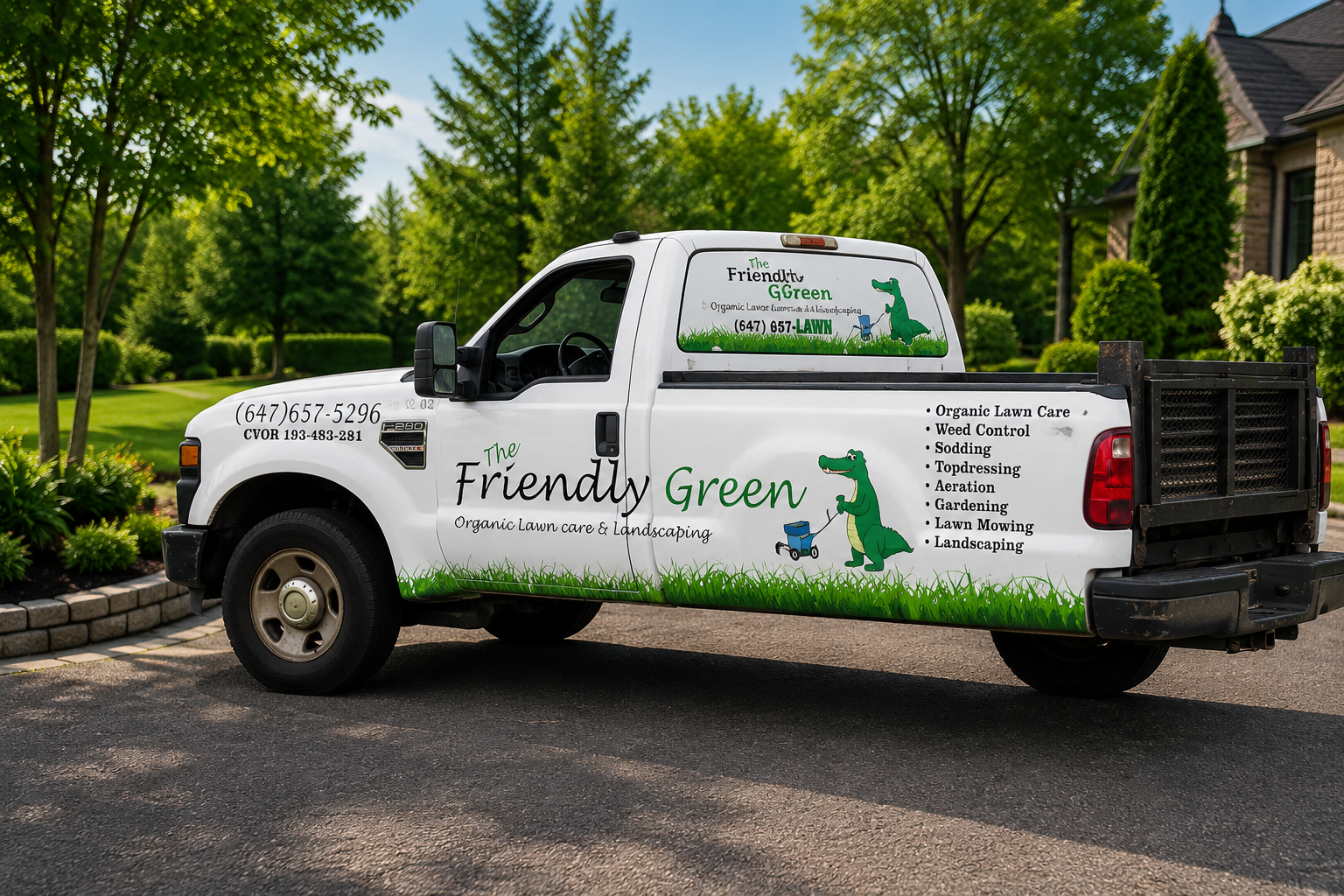 Friendly Green landscaping truck wrap with branded graphics