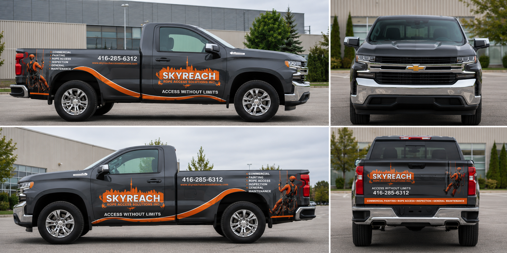 Company logo and vinyl lettering on a work truck